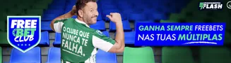 Campanha Free Bet Club com recompensas em freebets para apostas múltiplas Promoção Free Bet Club com homem vestindo camisola com a frase “O clube que nunca te falha”, destacando oferta de freebets nas apostas múltiplas